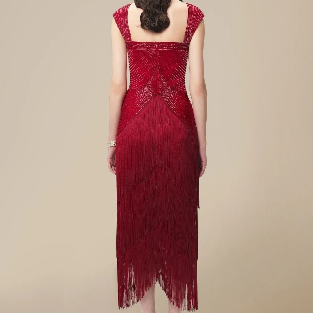 Old World Glamore Dark Red Beaded Fringe Dress - Picture 5 of 7